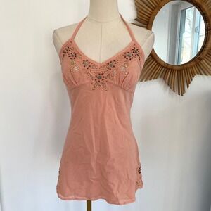 Vintage Y2K Express Silk Coral Pink Beaded Babydoll Halter Tank Top S